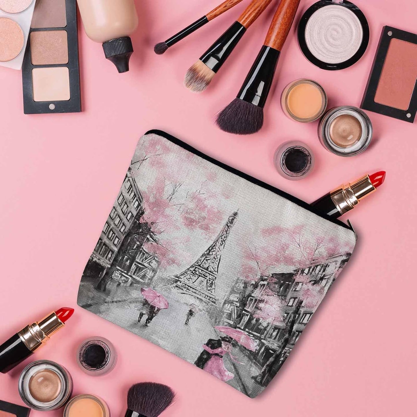 Woman Makeup Bag Paris, France Lovers Couple Eiffel Tower Cherry Pink Makeup Bags Travel Cosmetic Bags Toiletry Makeup Organizer Pencil Pouch Makeup Cosmetic Bag For Owners Lady
