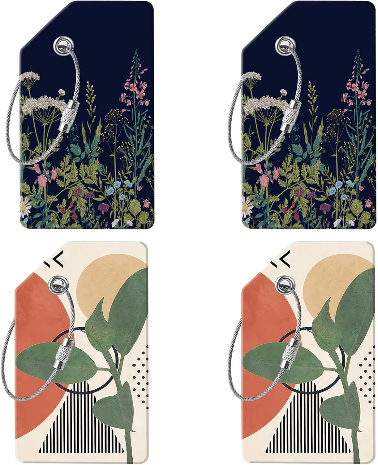 4 Luggage Tags, (1" Smaller Than Traditional) Perfect for Quick Luggage Identification with Stainless Steel Ring and Address Card for Travel and Luggage (Black Flowers + Green Leaves)