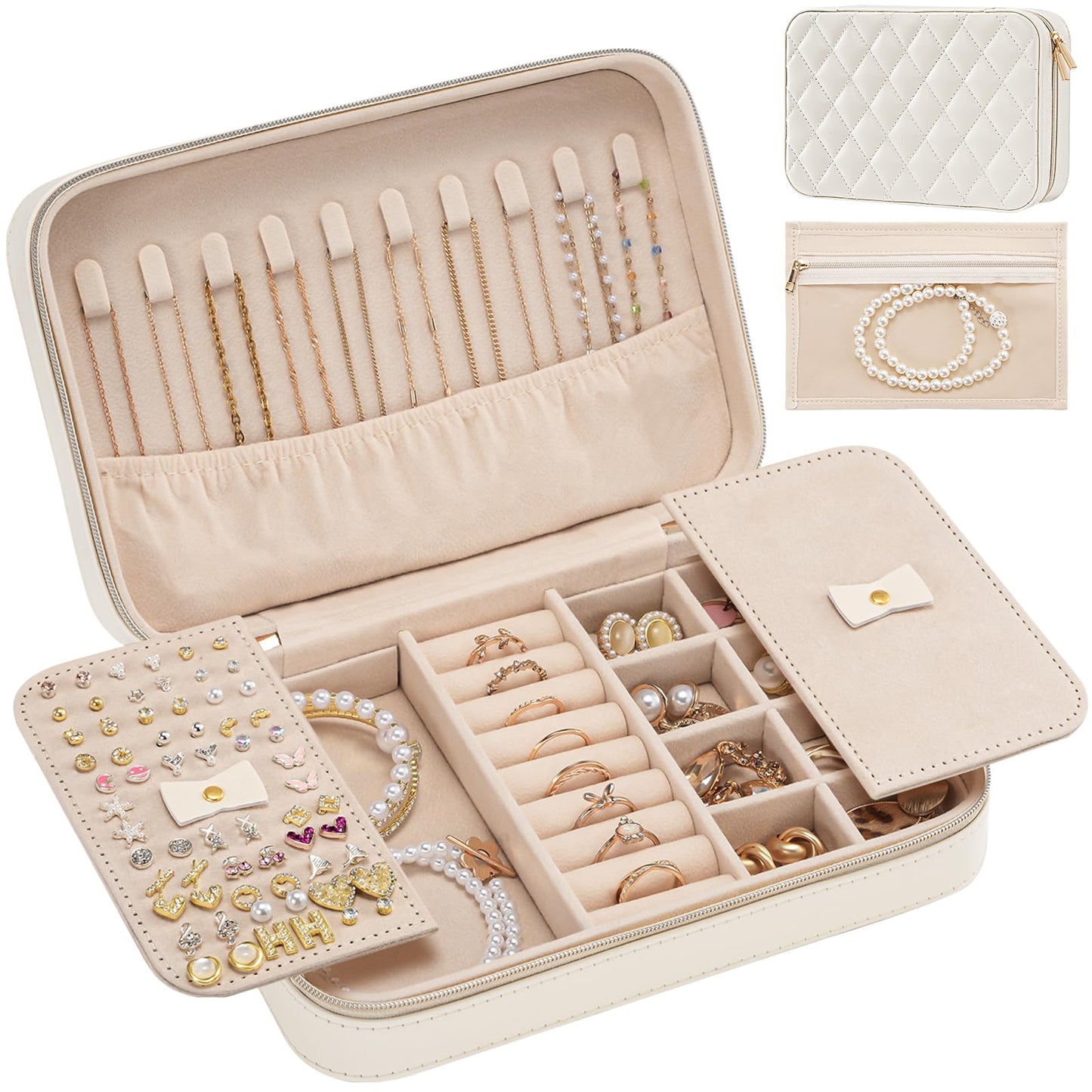 Lolalet Travel Jewelry Case for Women Girls -Medium, White