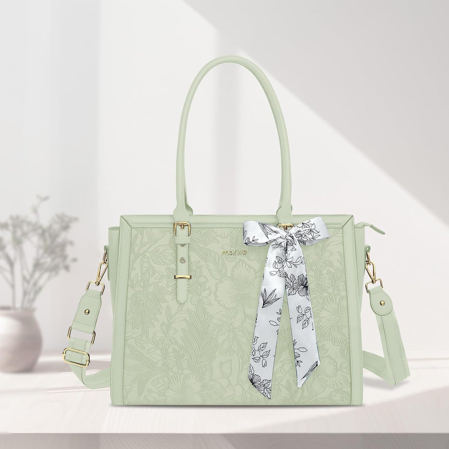 MOSISO Laptop Bag for Women, PU Leather Tote Bag, Front Embossed Retro Hibiscus Computer Bags with Silk Scarf&Clutch Purse