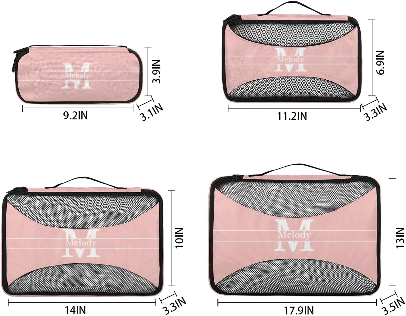 Custom Packing Cubes with Name, 4Pcs/Set Travel Luggage Packing Organizers Set for Women, Pale Pink Background with Initial Letter
