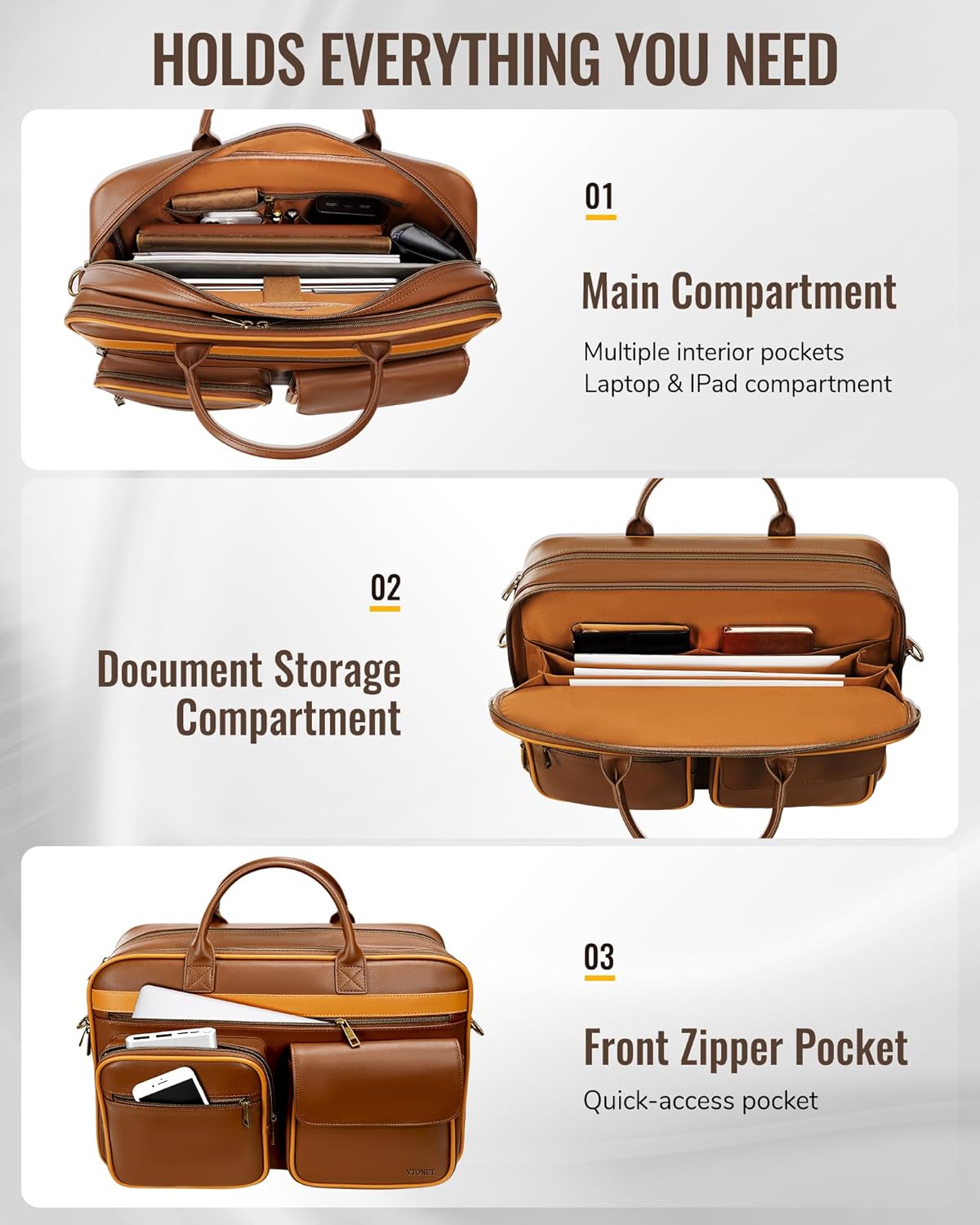 Ytonet Leather Messenger Bag for Men, 15.6 In Vintage Briefcase with Padded Laptop Compartment, Large Satchel Bags Laptop Bag for Mens, Waterproof Computer Bags for Work Office Business Travel, Brown
