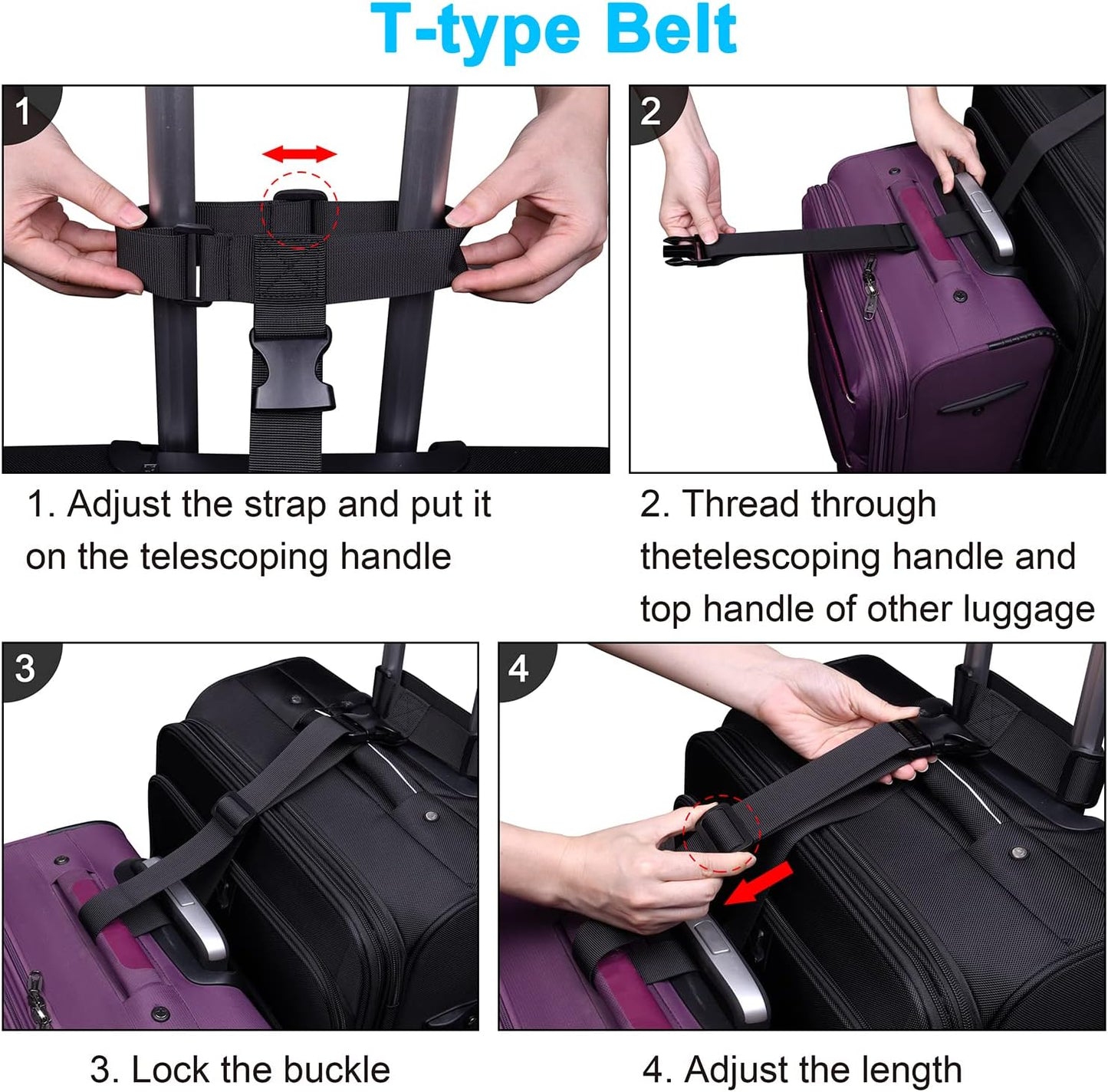 Wisdompro 2 Pcs Add a Bag Luggage Strap, Heavy Duty Adjustable Suitcase Belt Travel Attachment Travel Accessories for Connecting Your Luggage Together - Black (T-Type and Normal)