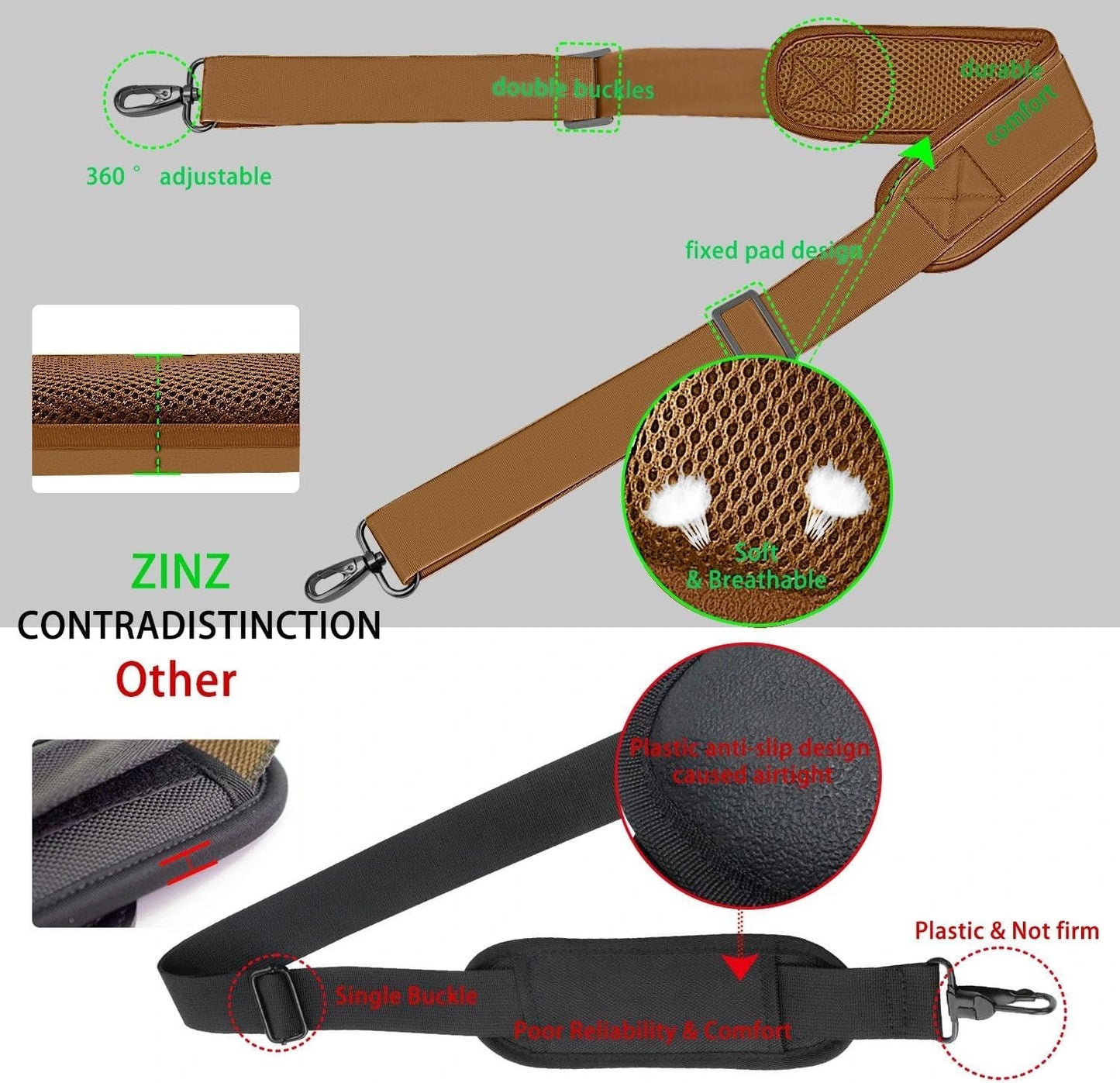 ZINZ 79 inch Shoulder Strap, Extra-thick Fixed Cushion Pad and Dual Clasps Universal Replacement Strap with Metal Swivel Hooks for Laptop Bags, Luggage Bags, Camera, Crossbody(Khaki)