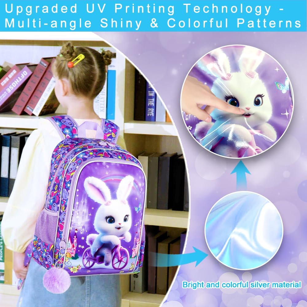 3PCS Girls Rabbit Bookbag, 16" Kids Backpackwith Lunch Box, Water Resistant School Bag for Elementary Prechool Toddler