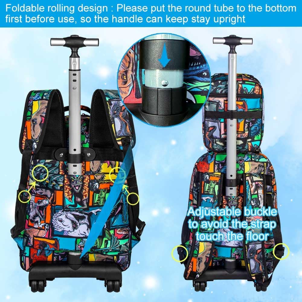 3PCS Rolling Backpack for Boys, 21 Inch Water Resistant Dinosaur Backpacks with Roller Wheels, Wheeled Bookbag for Teens Boys Elementary School Travel