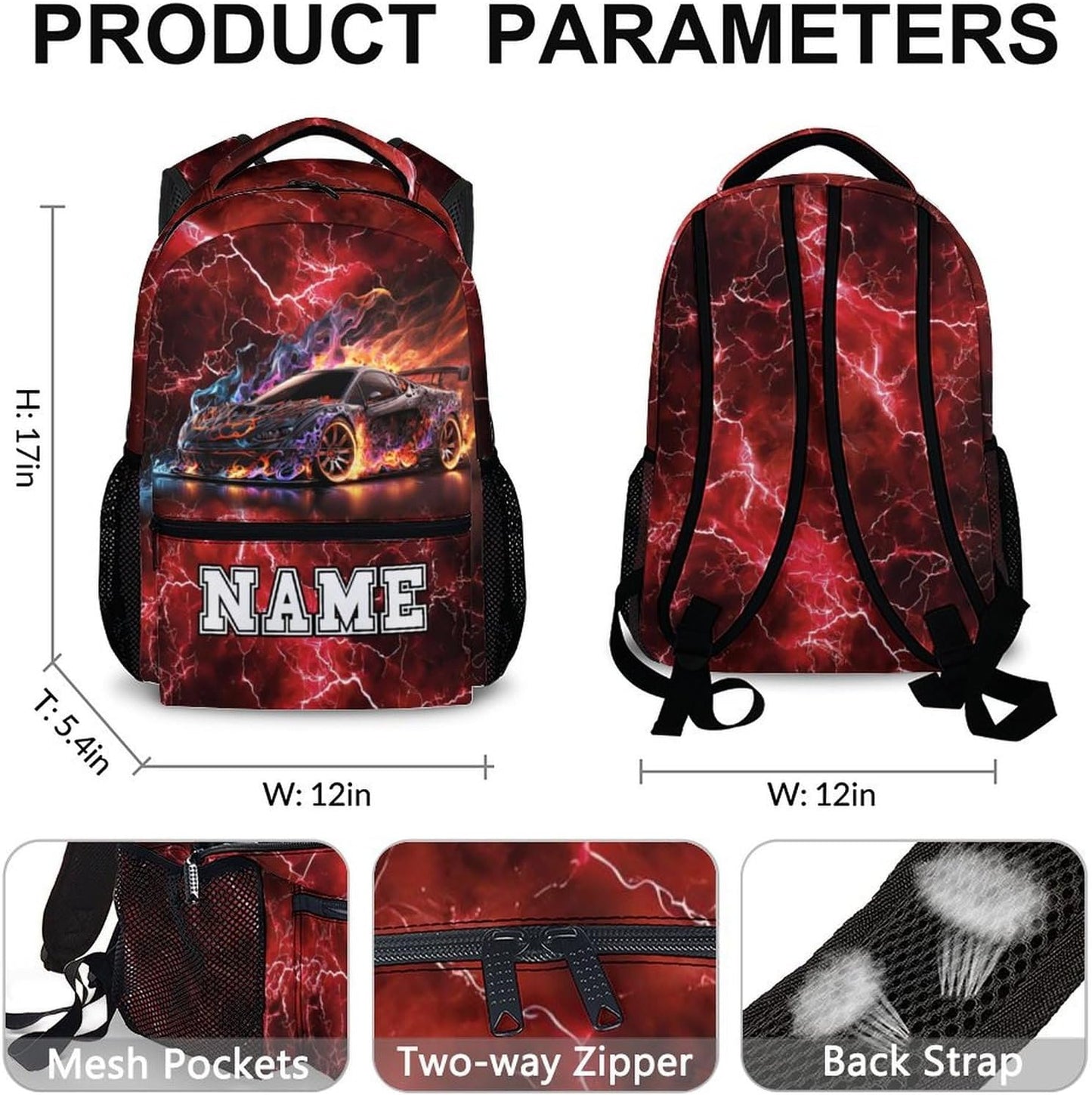 Kids Bookbag for Boys, Custom Race Car Backpacks, Colorful 17 Inch Casual Backpack, Durable Schoolbag for Middle School Travel Camping Vacation Hiking