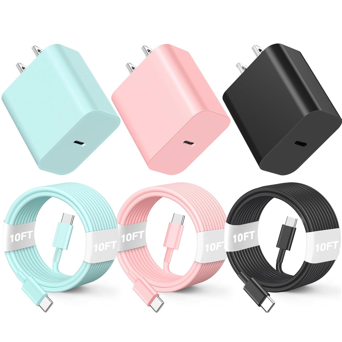 Compatible with iPhone16/15 Charger Fast Charging, 3 Pack 20W USB C Colorful Charger Block with 10 FT USB-C to C Cable for Phone16 15 Pro/Plus/Pro Max,Pad Pro 12.9/11 inch,Pad Air 5th-Pink/Green/Black