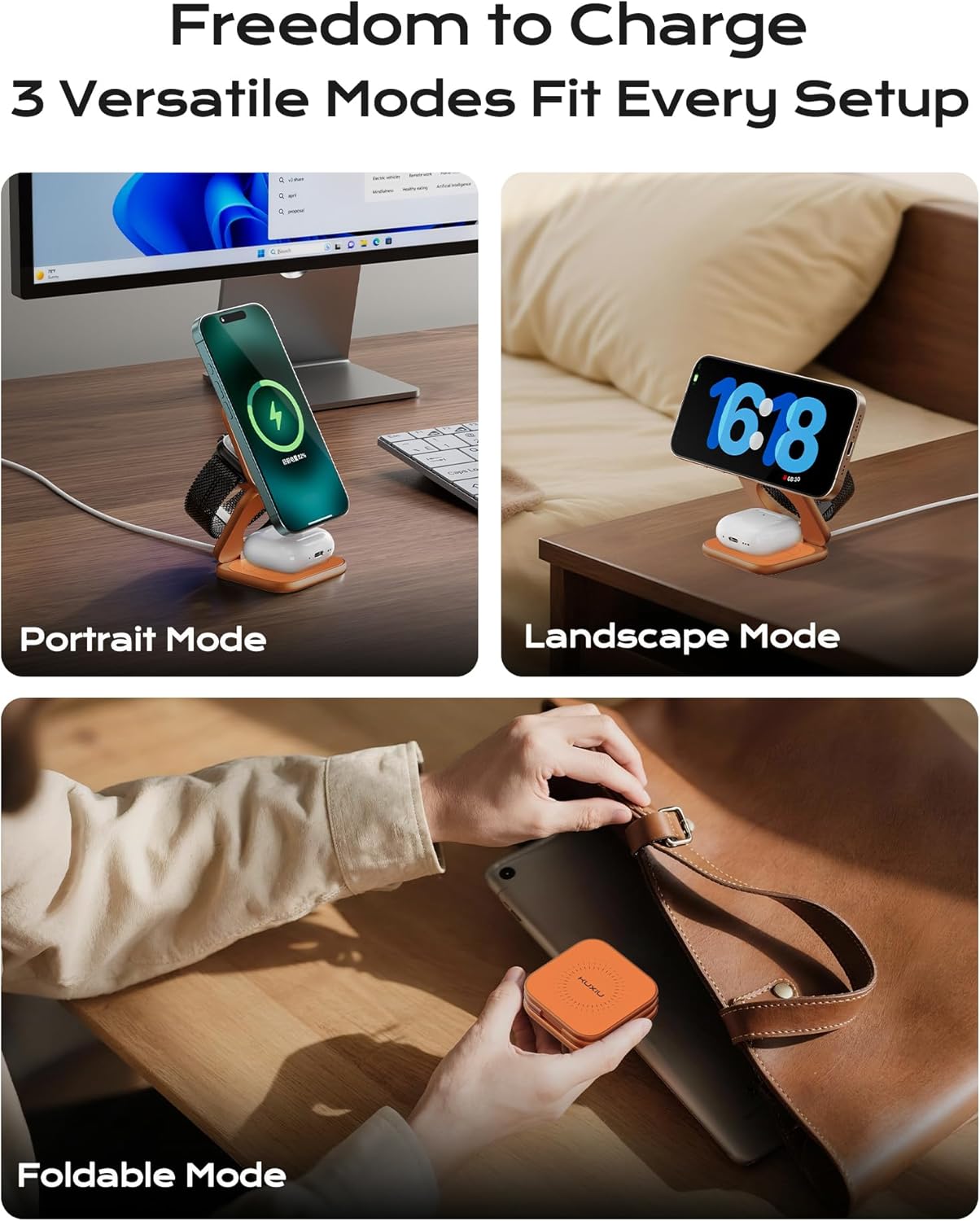 KU XIU Qi2.2 25W Magnetic Wireless Charger, Foldable 3 in 1 Travel Charging Station for iPhone 17/16/15/14/13/12, 5W for Apple Watch & AirPods, Aluminum Alloy Design, 45W GaN Adapter Included, Orange