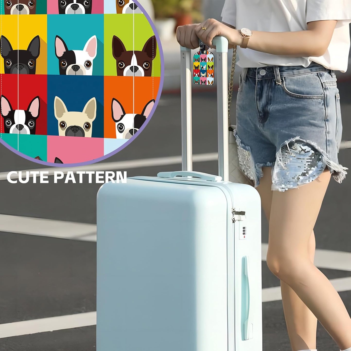 2 Pack Luggage Tags Boston Terrier PU Leather Baggage Handbag Suitcase Tags with Secure Strap Privacy Cover ID Labels,Business Travel Baggage Tag Identifier