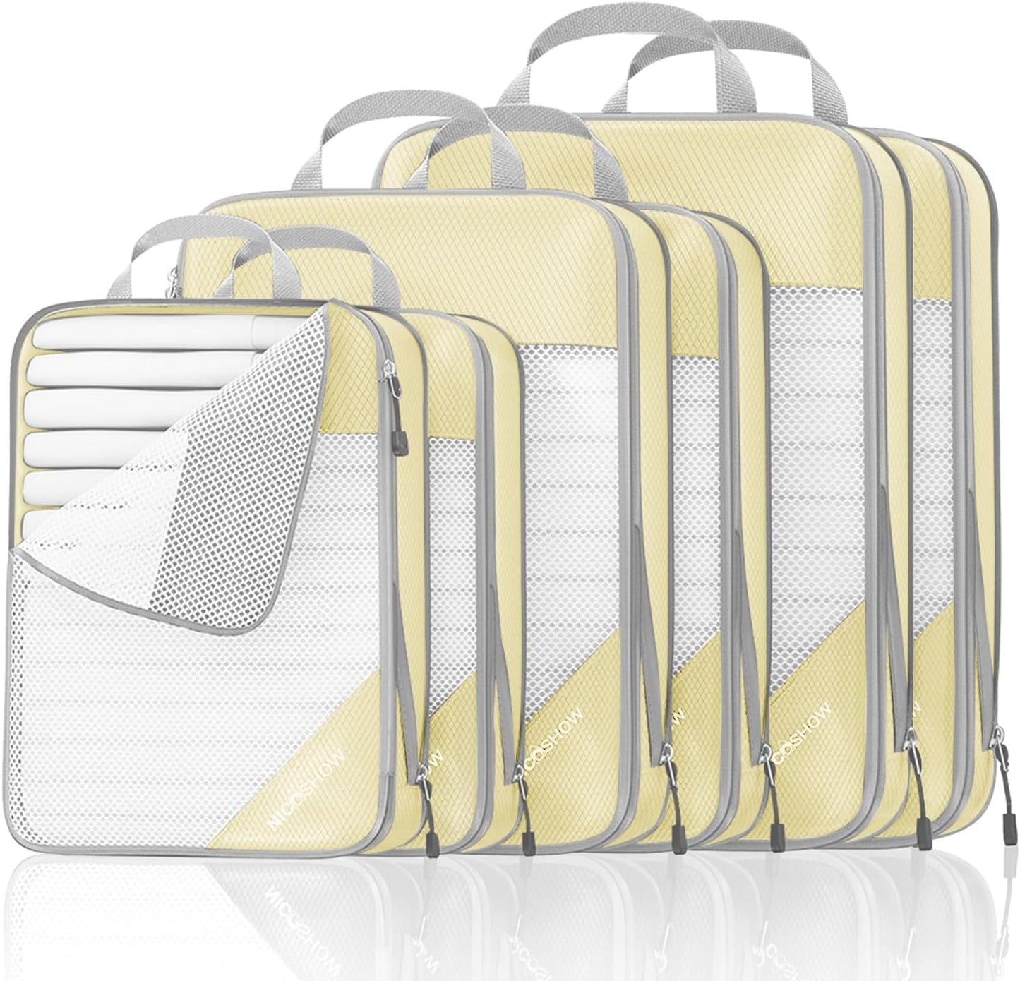 Compression Packing Cubes 6 Set, Compressible Space-Saving Packing Cubes for Travel - Compression Bags, Luggage Organizer, Travel Essentials for Women, Light Yellow