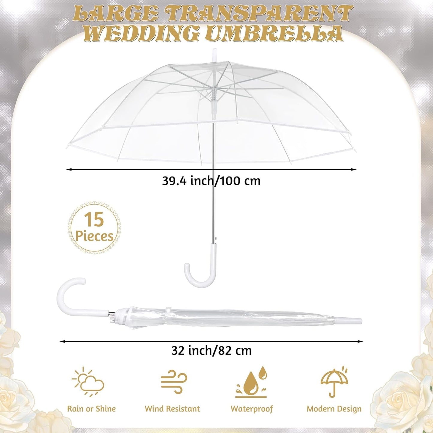 Aodaer Clear Wedding Umbrella with Foldable Storage Box Transparent Auto Open Stick Umbrellas Windproof Large Canopy Umbrella with J Hook Handle for Outdoor Activities, Wedding Photography