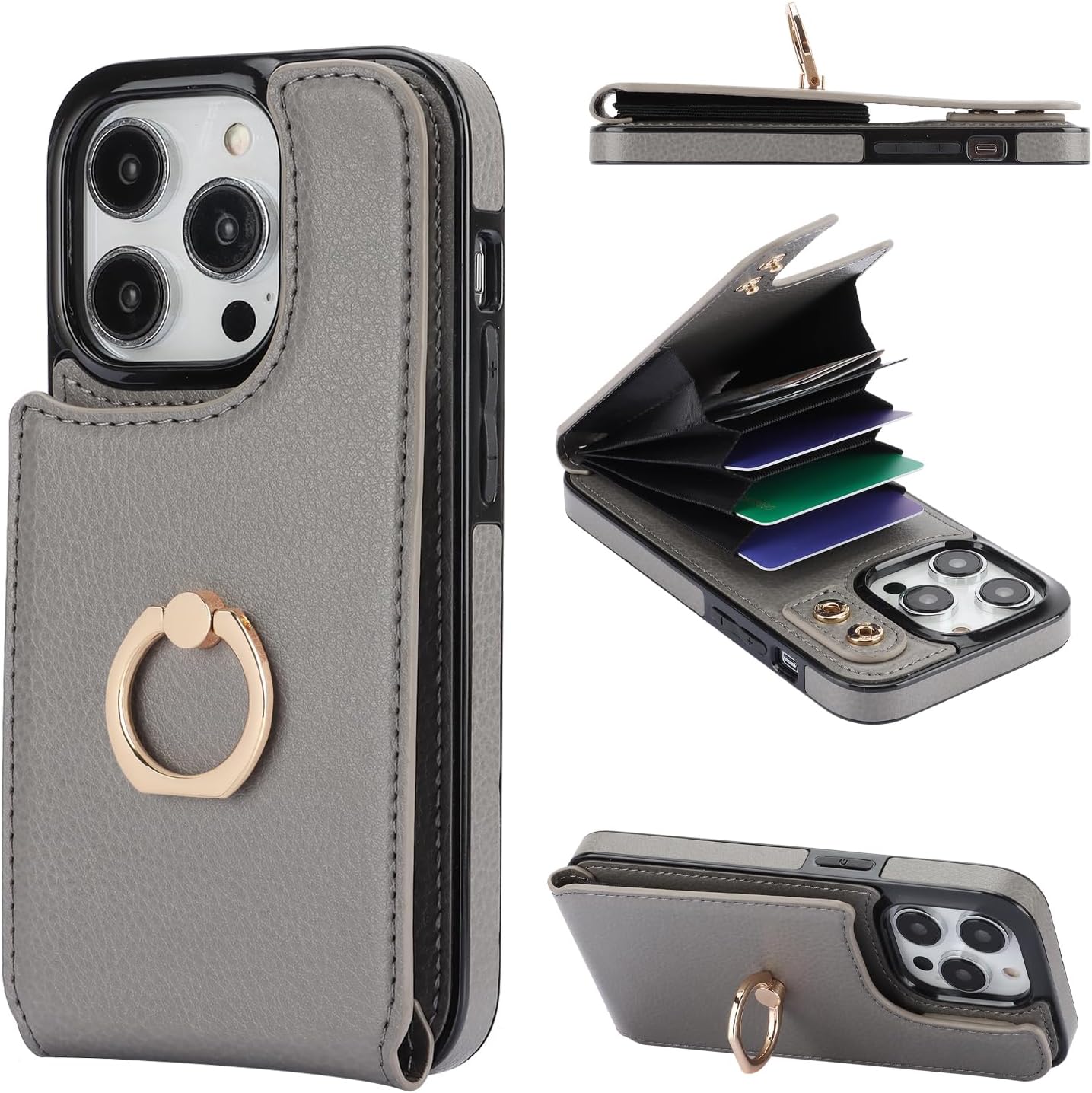 Folosu Compatible with iPhone 14 Pro Case Wallet with Card Holder, 360°Rotation Finger Ring Holder Kickstand, RFID Blocking Leather Protective Double Buttons Shockproof Cover 6.1 Inch Gray