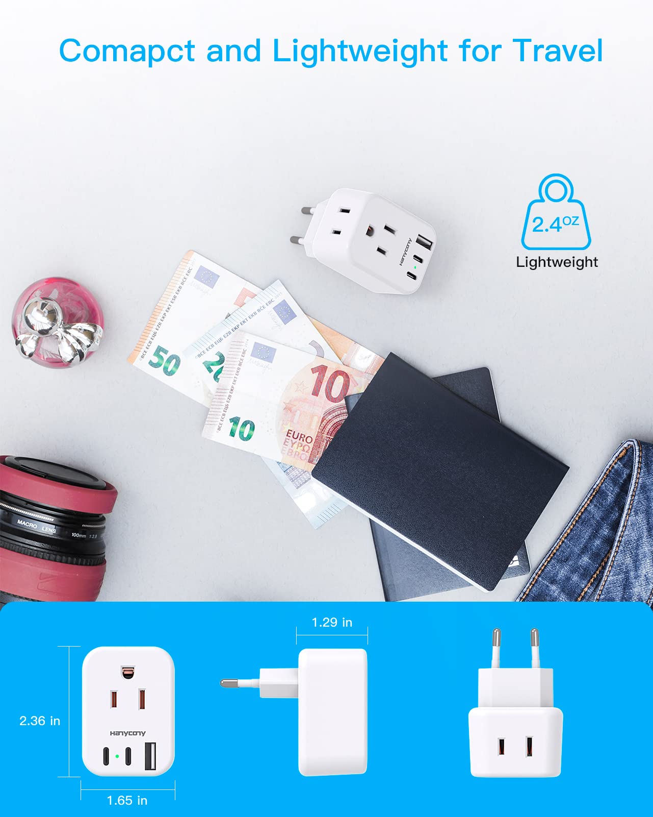 European Travel Plug Adapter, International Power Adapter, US to Europe