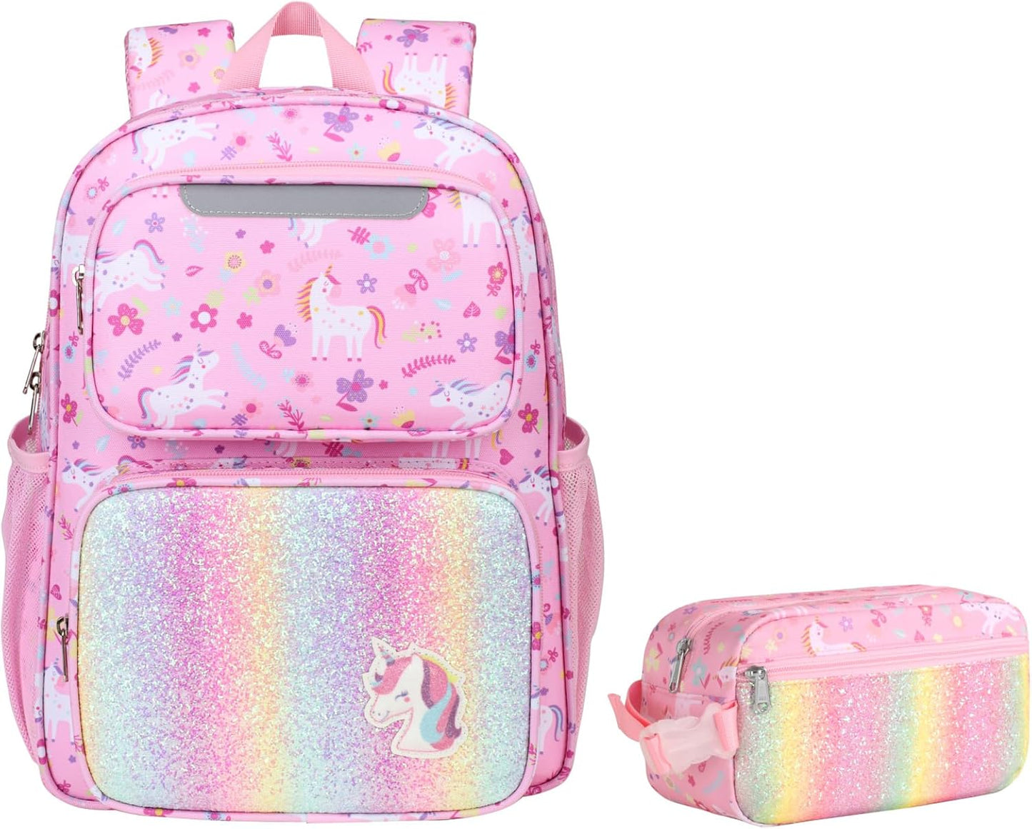 Kids Backpack with Insulated Snack Bag - 15 Inch Backpack for Girls 3 to 8, Lightweight Bookbag for Preschool Kindergarten Elementary School, Safe Reflective Stripe, Pink Unicorn