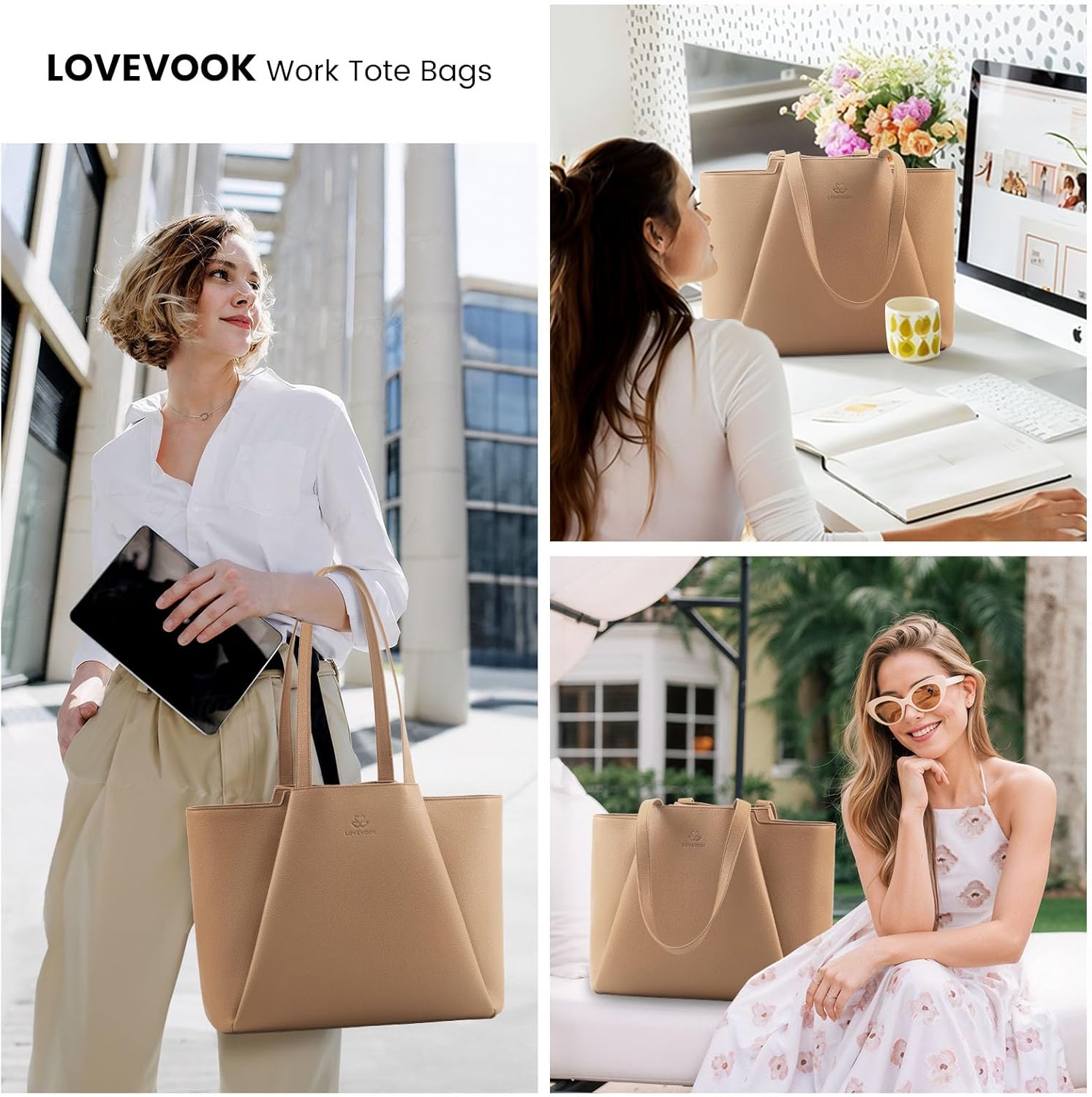 LOVEVOOK Laptop Tote for Women - 15.6 Inch Faux Leather Laptop Bag with Clutch, Large Capacity