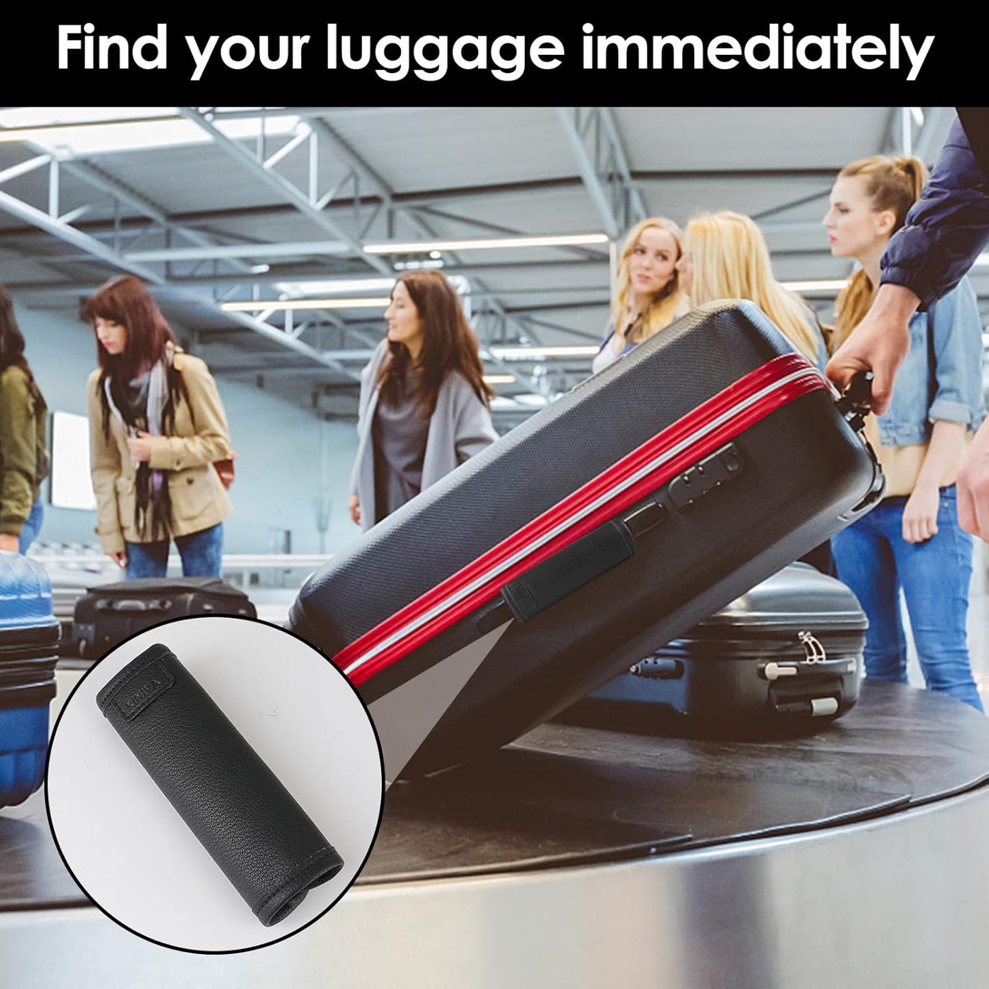 KINIVA 2 Pack Set Black Vegan Leather Luggage Handle Wraps, Luggage Identifiers Tags Markers for Suitcase, Travel Accessories