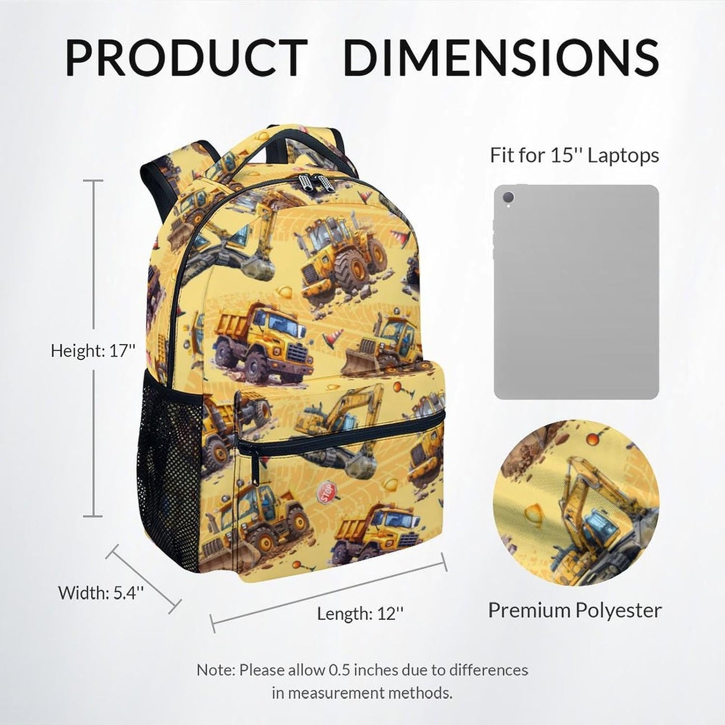 Backpack for Boys - Construction Backpacks for Boys - Lightweight Toddler Bookbag - Truck School Bag for Kindergarten/Preschool/Elementary(17 Inch)