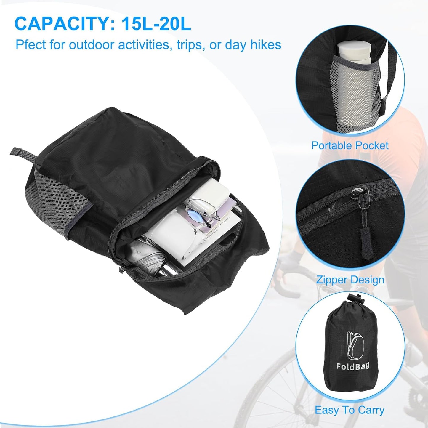 PATIKIL Hiking Backpack, 15L-20L Packable Lightweight Backpack Daypack Small Foldable Outdoor Camping Cycling Backpacking Shoulder Bag, Black
