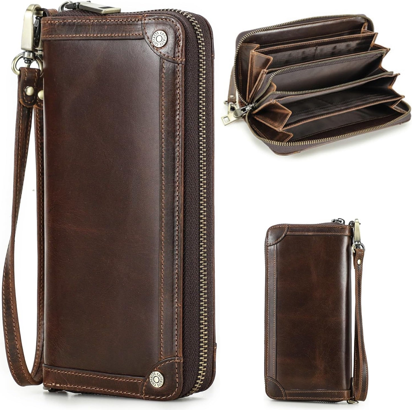 Top Grain Genuine Oiled Leather Clutch Wallet for Man & Woman, Handmade Vintage Design, Multi Pockets & Slots & Detachable Wristlets, RFID Large Capacity for Cards/Checks/Money/Passport, Red Coffee