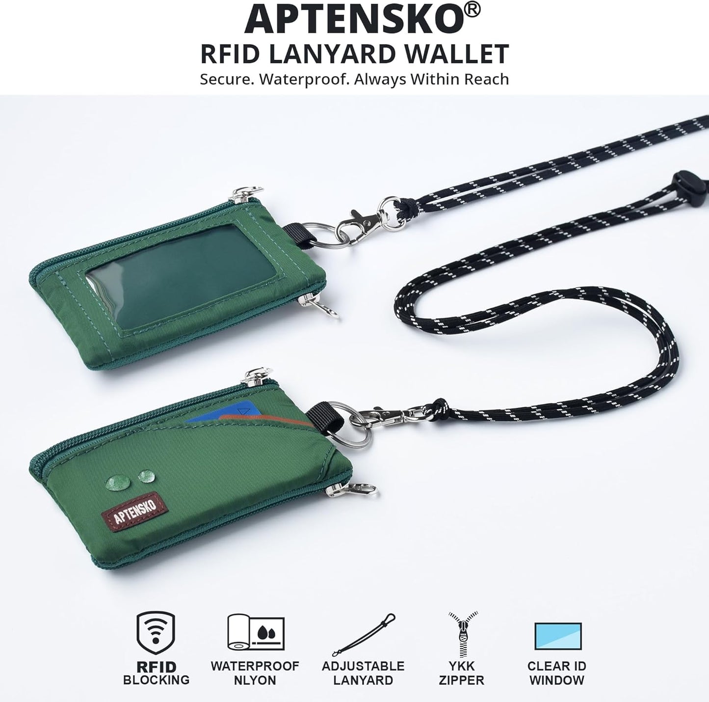 RFID Travel Wallet with Adjustable Lanyard-Zipper Small Wallet with ID Card Holder, Keychain for women&men-Minimalist Slim Waterproof Nylon case for ID, Cash, Key (Forest Green)