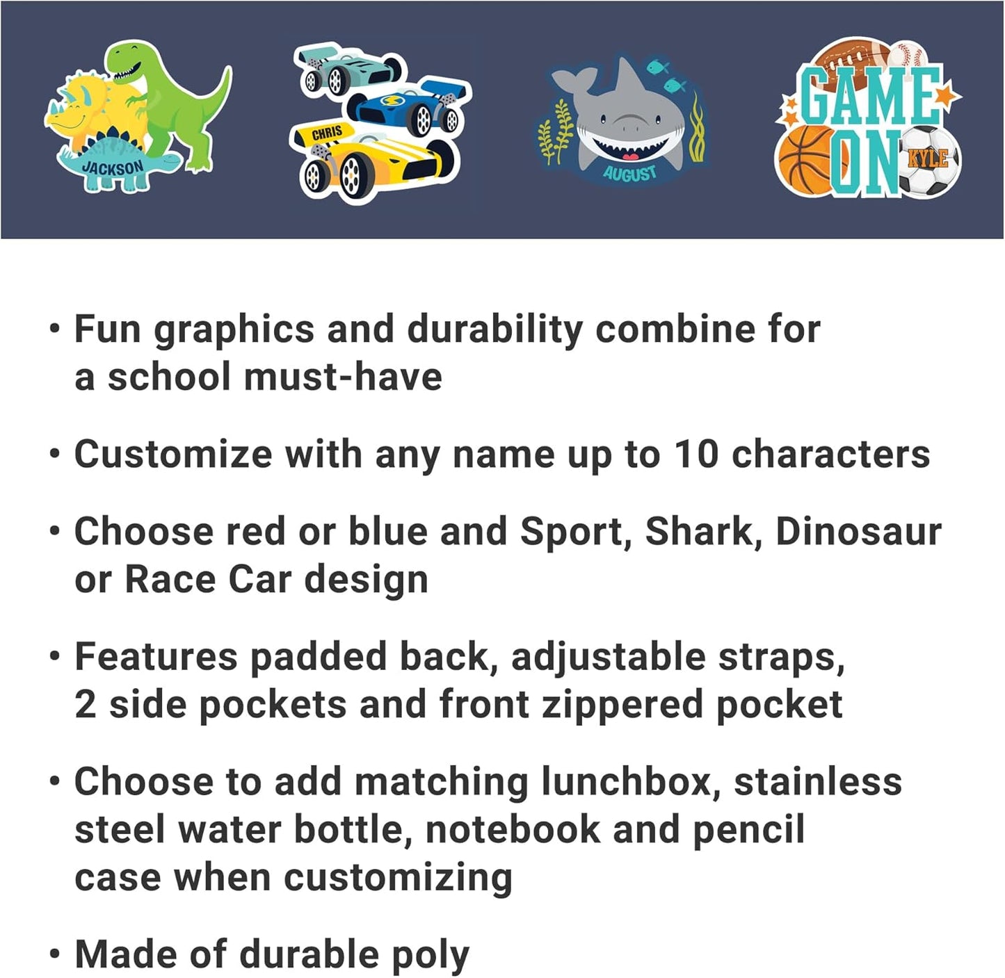 Let's Make Memories Kids Backpack for School - Personalized Back to School Supplies - Bookbag with Optional Lunch Box - Blue - Shark