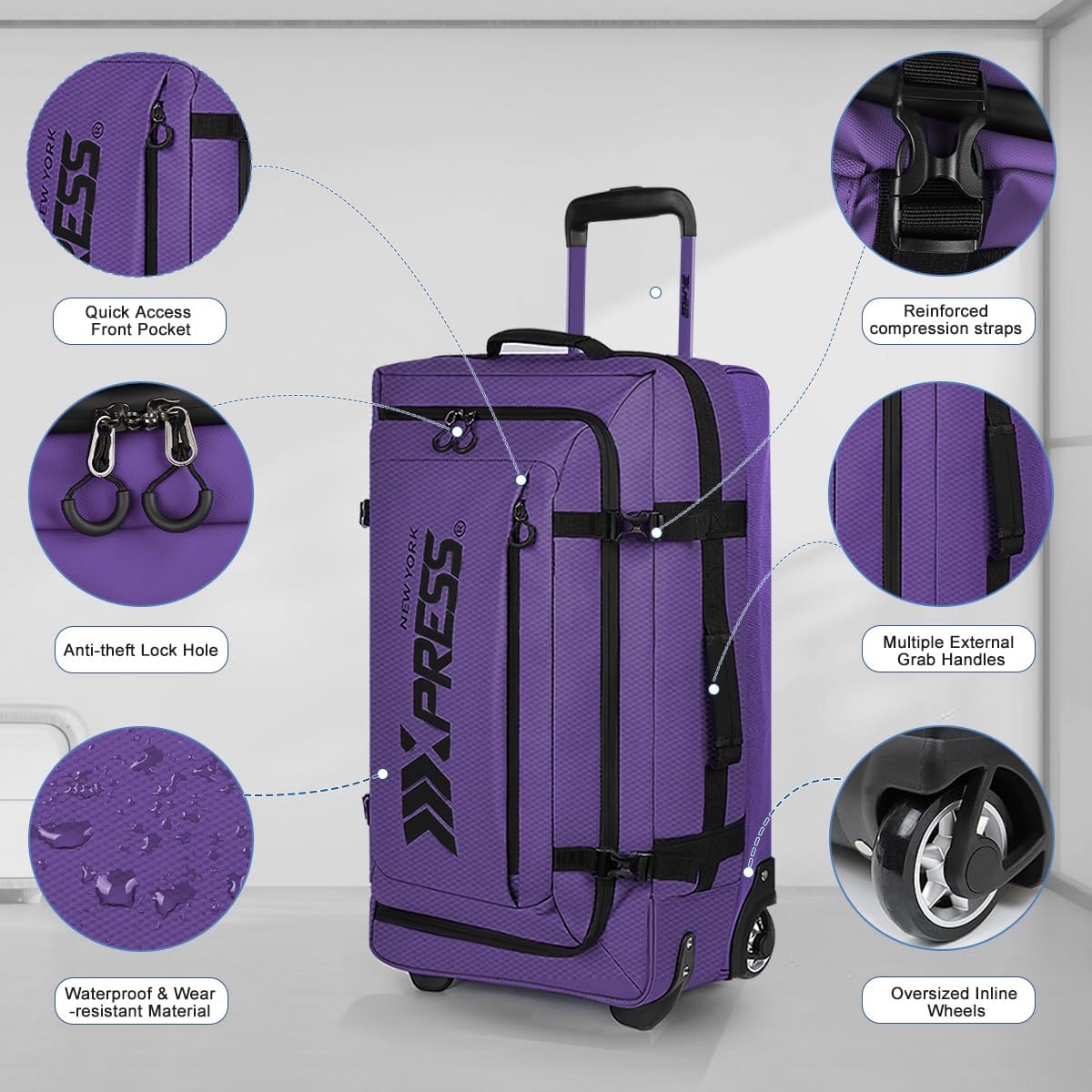30'' Expandable Rolling Duffle Bag with Wheels,Expandable For Up to 15% More Space,Rolling Duffle Bag w/Handle,Carry on Luggage Travel Duffle Bags for Man Women#Purple
