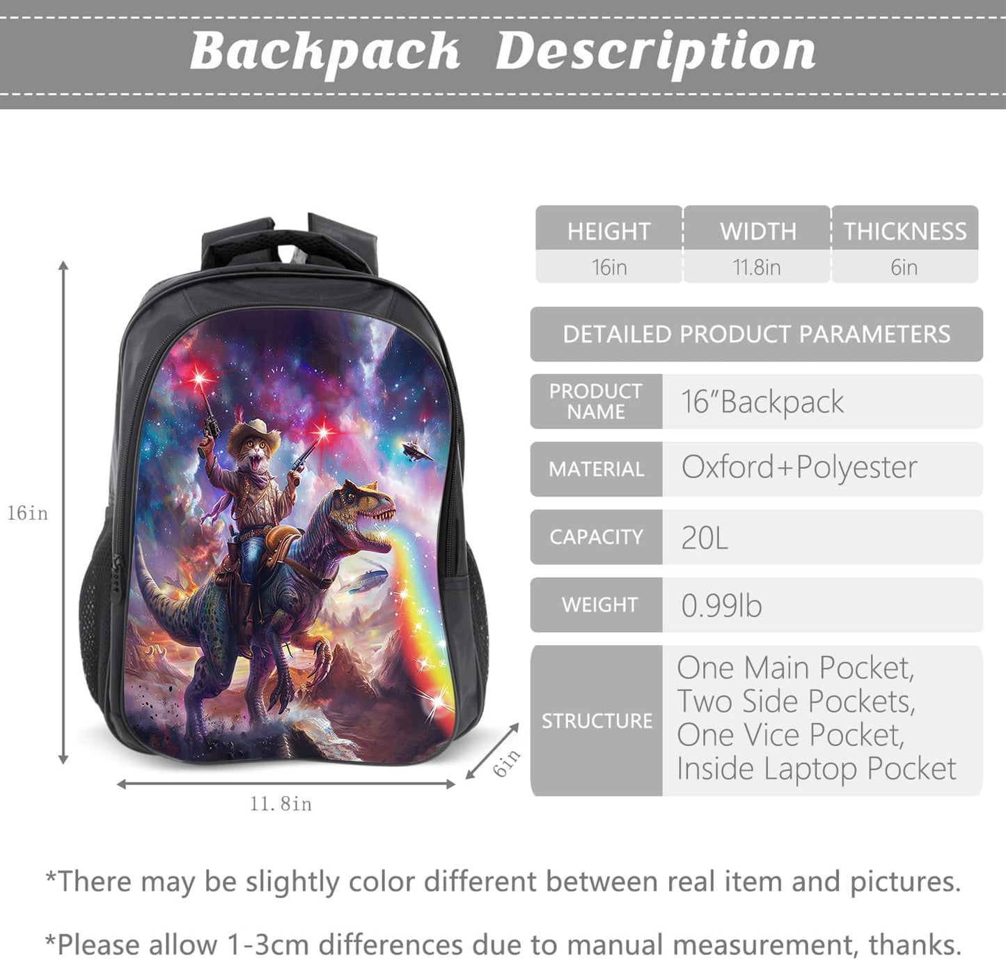 Klymax Cat Dinosaur Backpack Funny Space Kids Schoolbag with Lunch Box Bag Pencil Bag 3pcs Bookbag Sets for Boys Girls