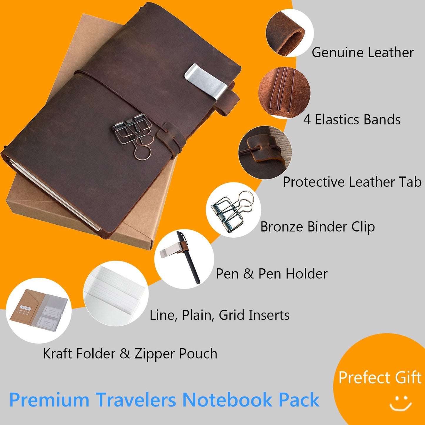 newestor Refillable Leather Journal Travelers Notebook - 8.5 x 4.5 Travel Diary with 5 Inserts +