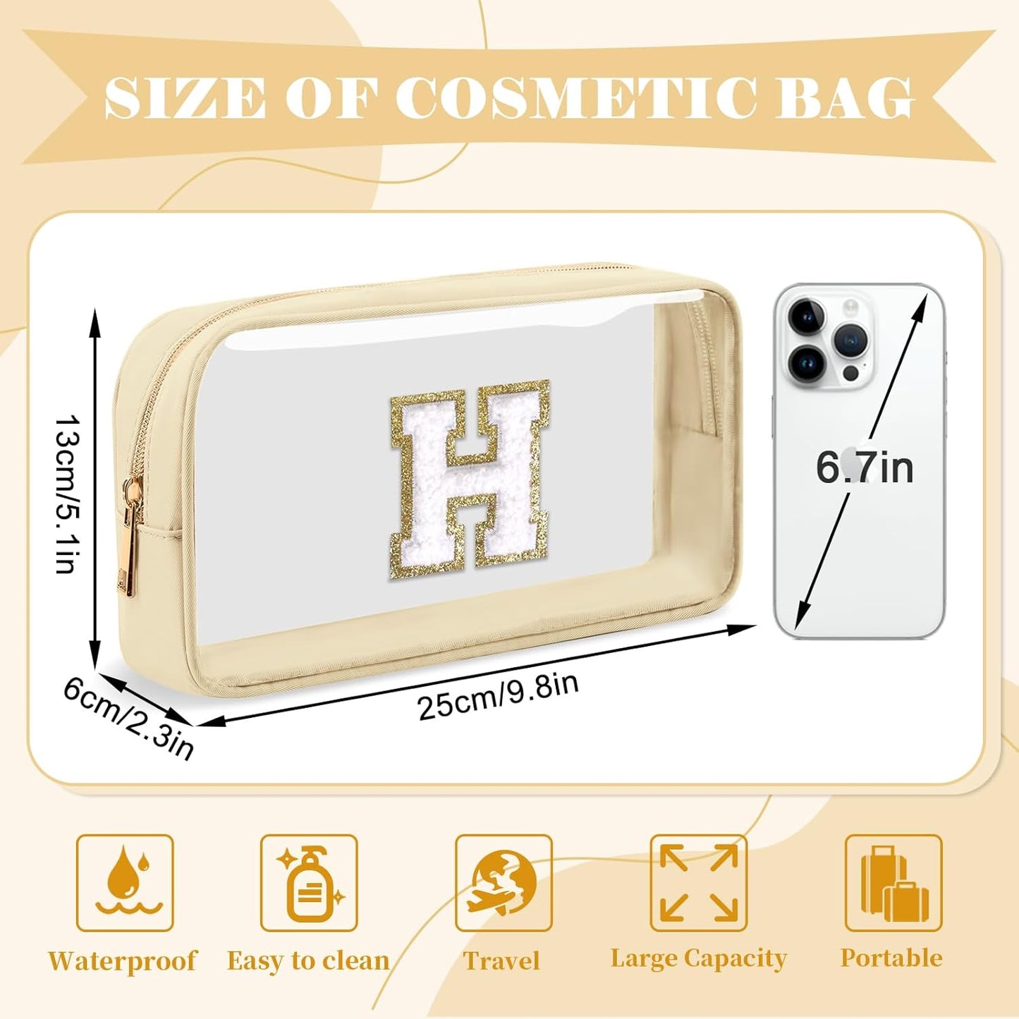 Personalized Initial Letter Clear Makeup Bag,Preppy Small Nylon&PVC Cosmetic Zipper Bag with Chenille Letter,Portable Beach Travel Skincare Toiletry Bag,Trendy Monogram Gift for Teen Girls Women,H