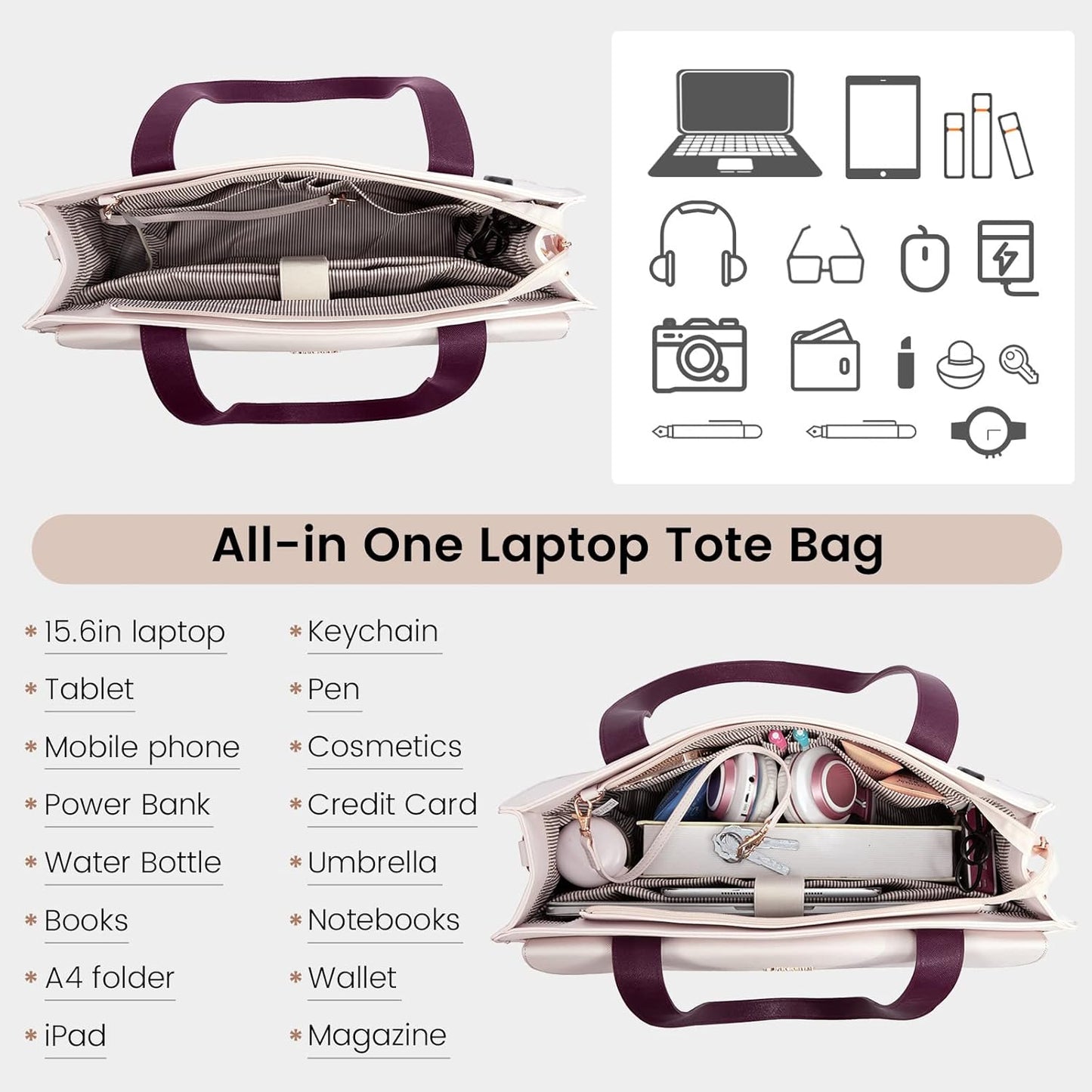 LOVEVOOK Laptop Bag Women 15.6 Inch Laptop Tote Professional Leather Computer Briefcase Waterproof