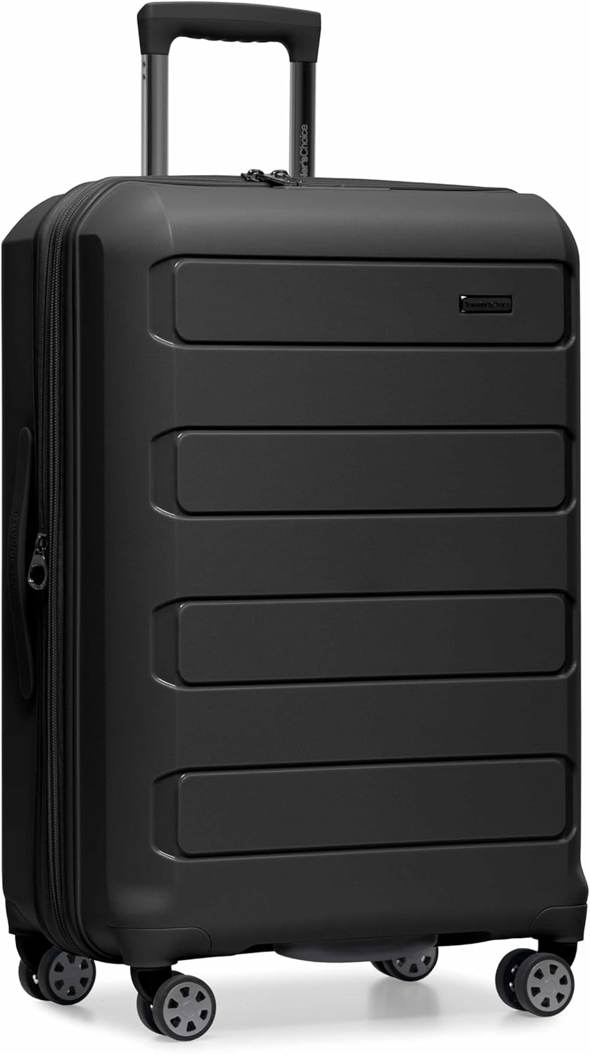 Traveler's Choice Pagosa Indestructible Hardshell Expandable Spinner Luggage, Black, 26-Inch Medium