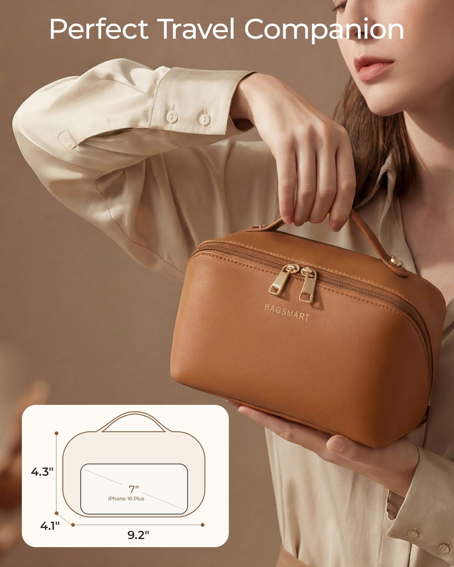 BAGSMART Makeup Bag Travel Cosmetic Bag,Women Toiletry Case, Classic Brown