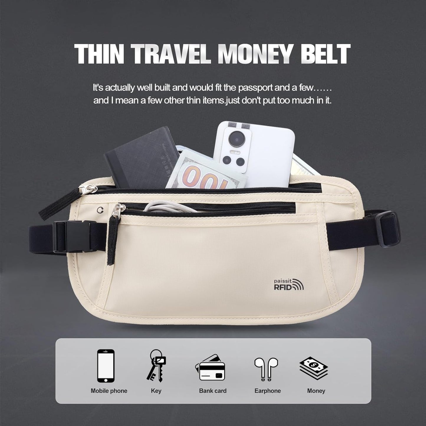 Unisex Money Belt For Men and Women, Slim Passport Holder RFID Blocking Travel Essentials Bags with Adjustable Strap Small Waist Pouch for Workout Running Travelling Hiking, Cream White