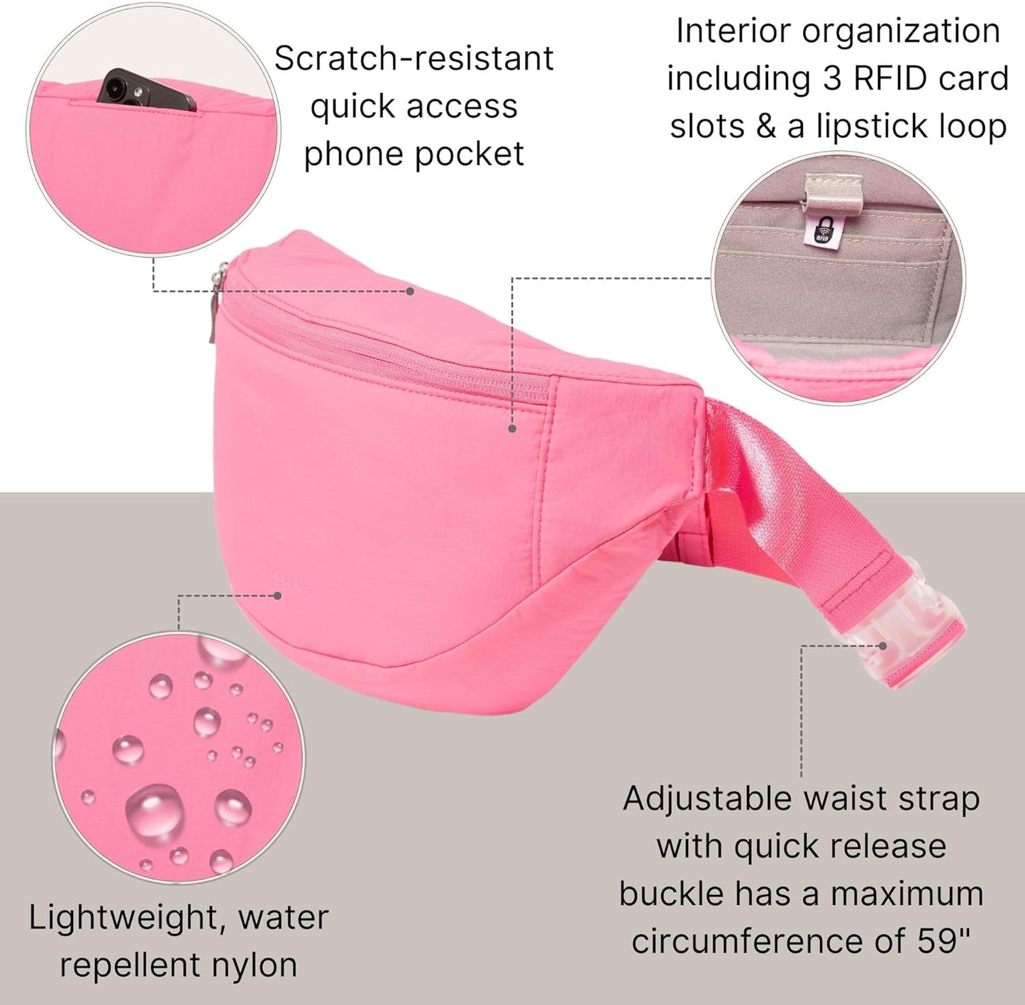 Baggallini Style Swift Belt Bag Sling Bag - Lightweight 12"x7" Crossbody Bag Fanny Pack Belt w/RFID