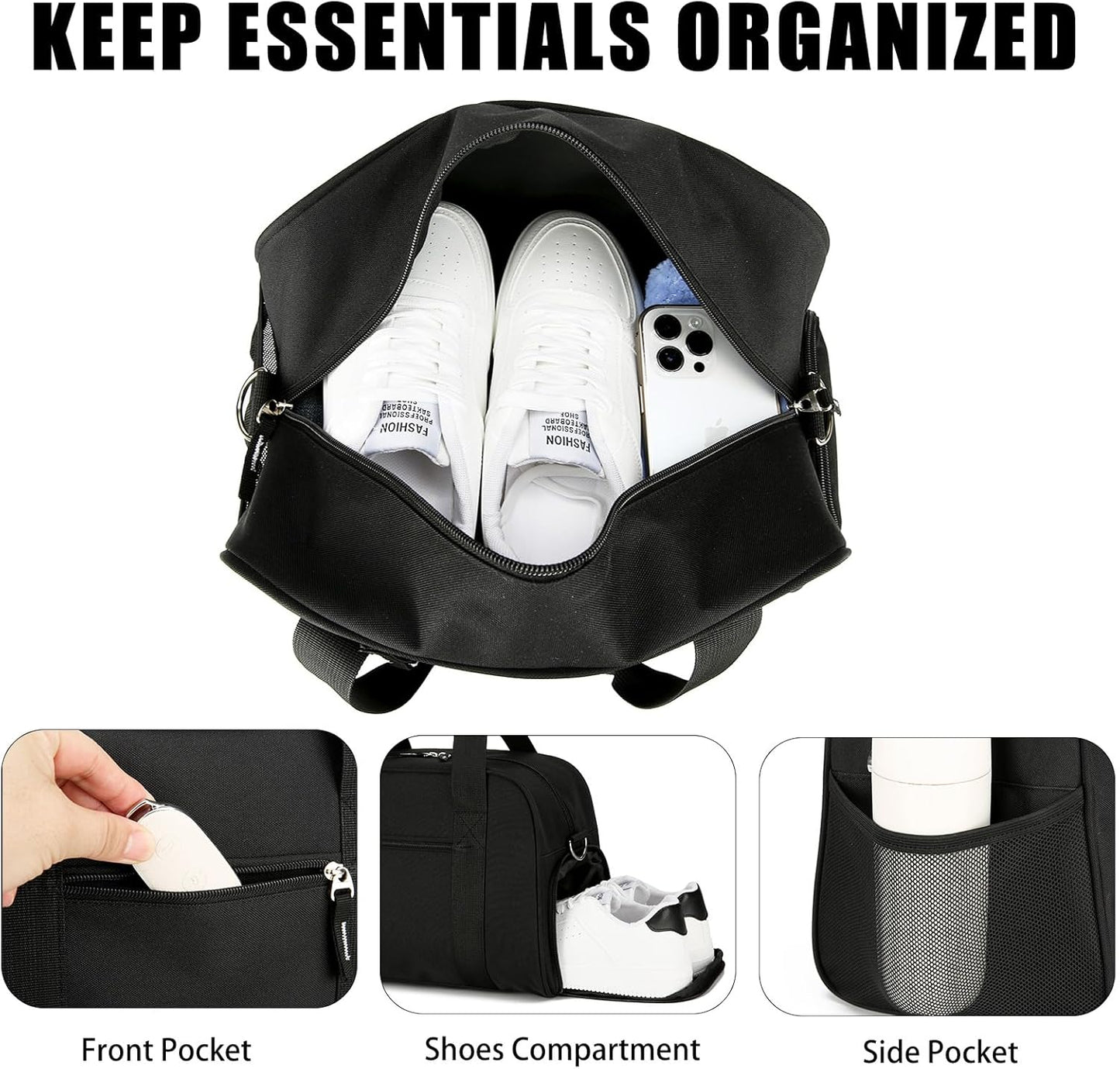 SeaRock 14 inch Small Gym Bag for Women & Men - Mini Duffle Bag Weekender & Overnight with Shoe Compartment Travel, Sports, Workout, Black