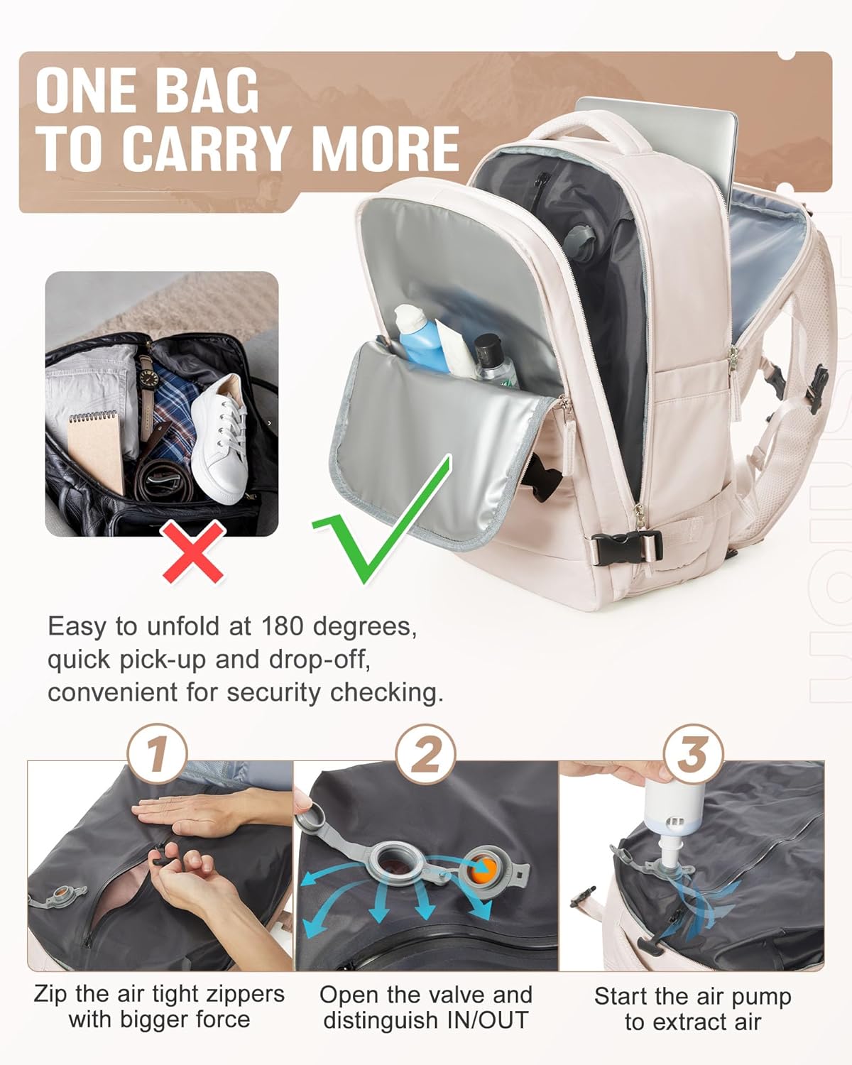 Vacuum Backpack Travel with Pump,Flight Approved 18x14x8 inches Personal Item Travel Bag Travel Backpack with Vacuum System,Flight Approved 18x14x8 inches Laptop Bag,off-white