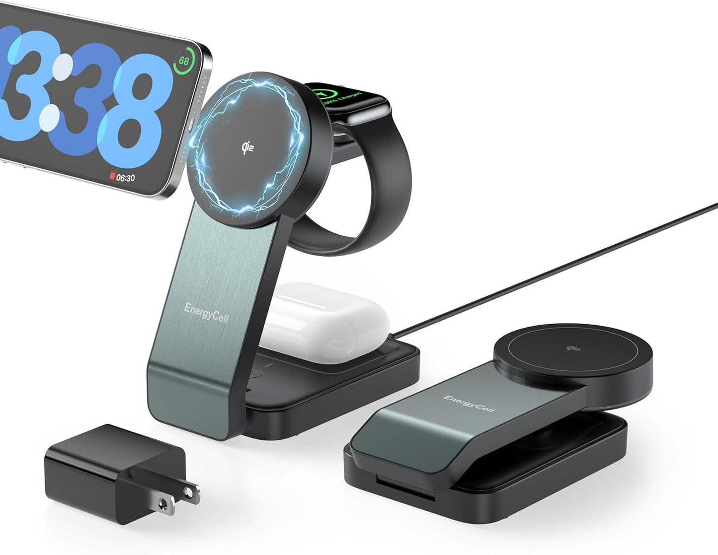 3-in-1 Wireless Charging Station for Apple Devices, Qi2 Certified 15W Charger Stand, Magnetic Foldable Fast Charger for iPhone 16/15/15 Pro/14/13/12, Apple Watch, AirPods (30W USB-C Charger Included)