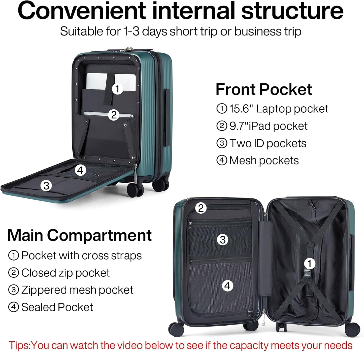 Hanke Carry On Luggage 22x14x9 Airline Approved - 20 Inch Durable PC Hard Shell Suitcase with Front Pocket, CarryOn Suitcase with Spinner Wheels, TSA Lock(Blackish Green, 32L)