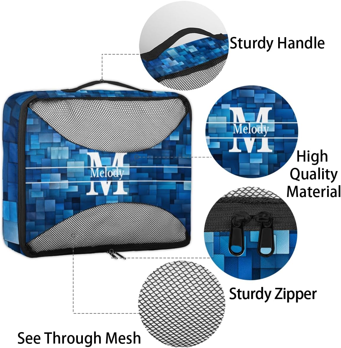Custom Name 4 Pcs set travel luggage organizer Mesh Travel Essentials for Suitcases, Blue Geometric Pattern with Initial Letter
