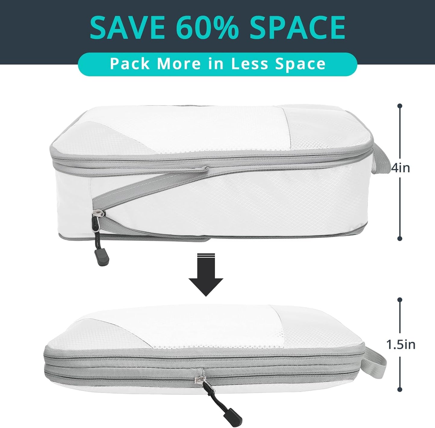Compression Packing Cubes 6 Set, Compressible Space-Saving Packing Cubes for Travel - Compression Bags, Luggage Organizer, Travel Essentials for Women, White