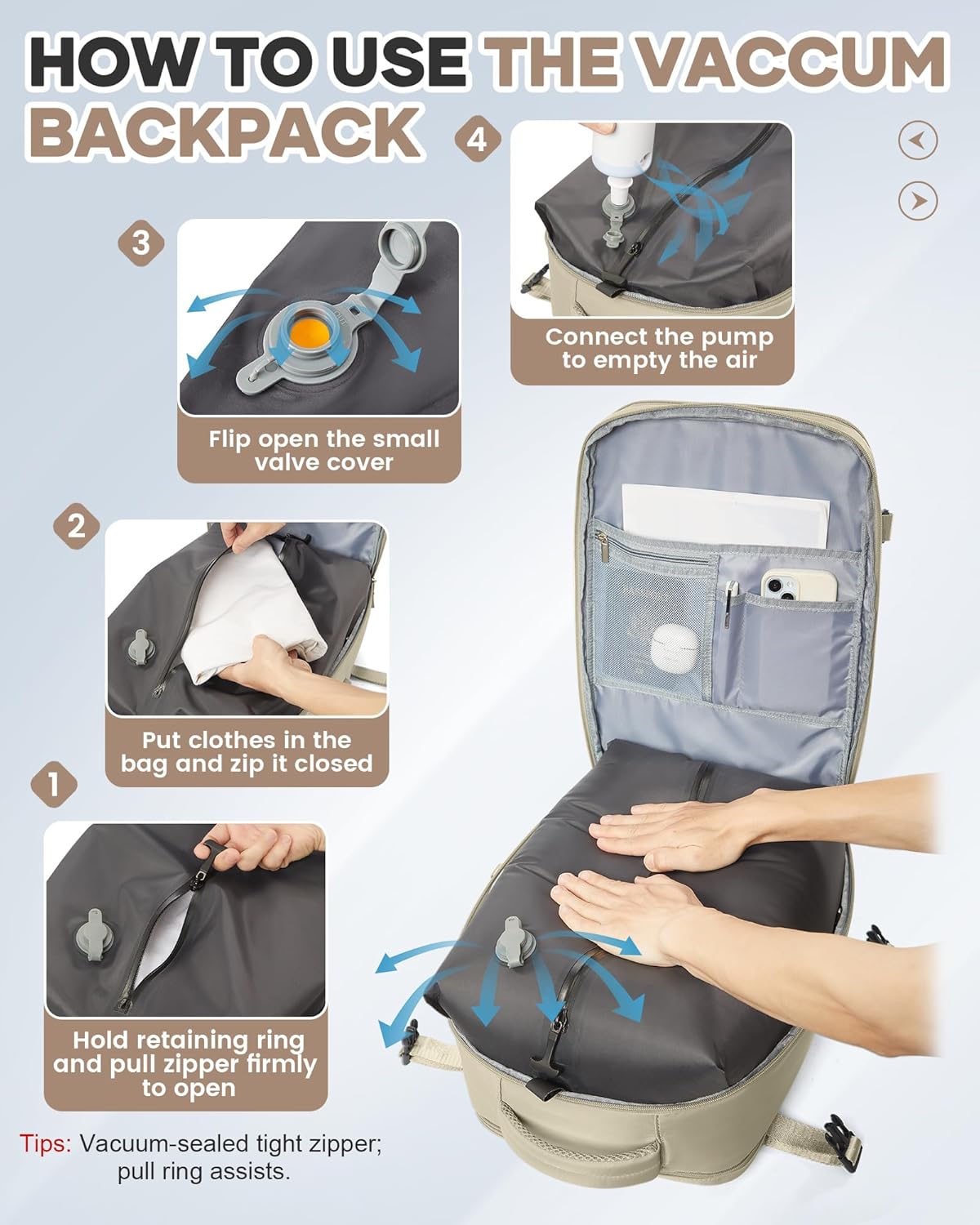 Vacuum Seal Travel Backpack with Air Pump,Compression Vacpack Waterproof Carry On Backpack for Travel Women Men with Vacuum System,Airlines Approved Daypack Laptop Space Saver Bags,Khaki