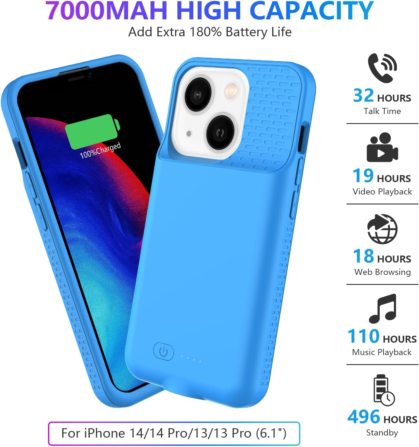 GIN FOXI Battery Case for iPhone 14/14 Pro/13/13 Pro, 15W Fast Charging Case Charger 7000mAh Powerful Extra Juice Box Rechargeable Battery Pack for iPhone 14&14Pro&13&13Pro, 6.1" Blue