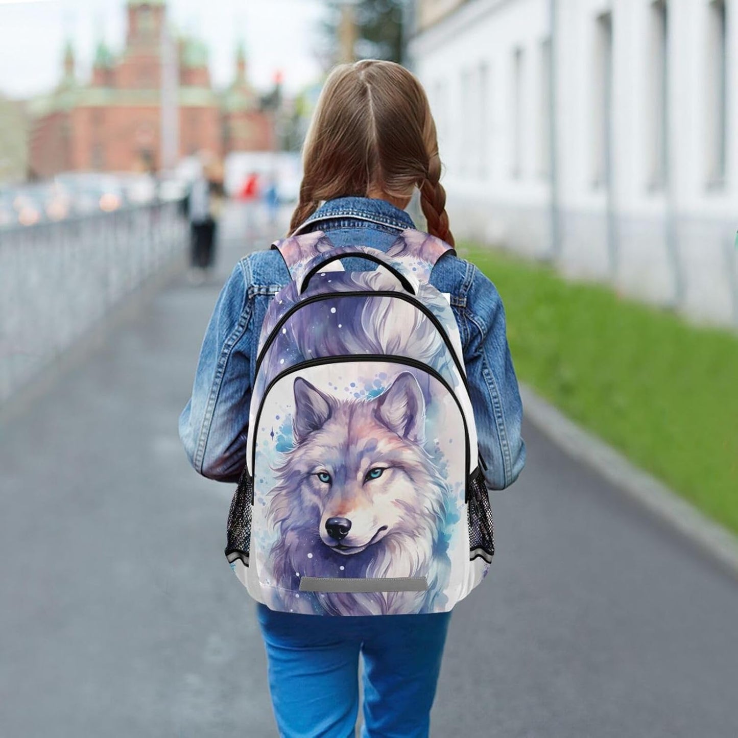 Wolf Watercolor Backpack for Boys Girls Elementary School Bag Kids Bookbag Travel Rucksack