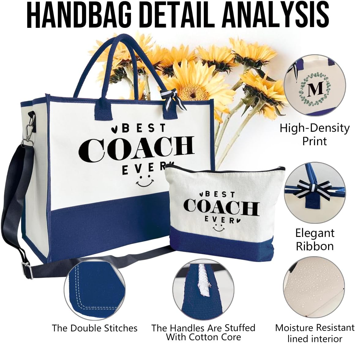 SUSZDOU Gifts for Best Coach Ever - Canvas Beach Tote Bag with Matching Makeup Pouch, Durable Travel Gym Camping Bag, Thank You Gift for Sports Coach, Female Trainers Gifts for Women C1
