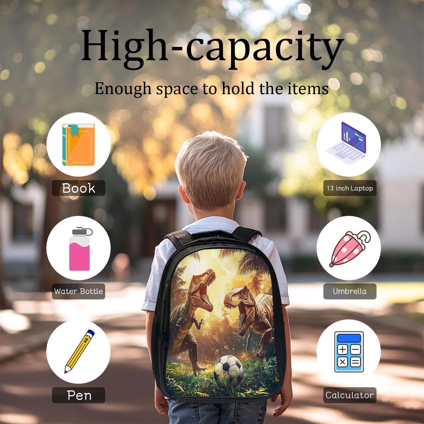 Funny Dinosaur Backpack Soccer School Bag 3PCS Backpack 16 Inch with Lunch Bag Set Lightweight for Teen Boys Girls Kids Elementary Middle School