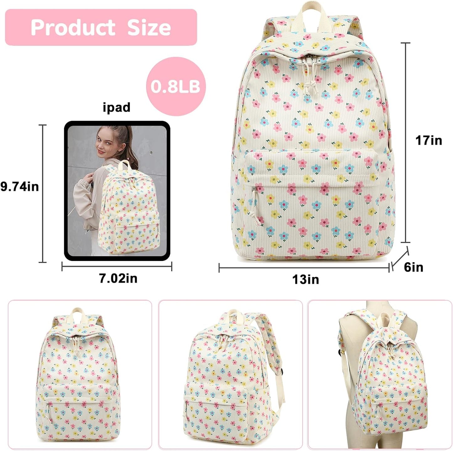 School Backpack for Teen Girls Bookbags Elementary High School Corduroy Laptop Bags Women Travel Daypacks