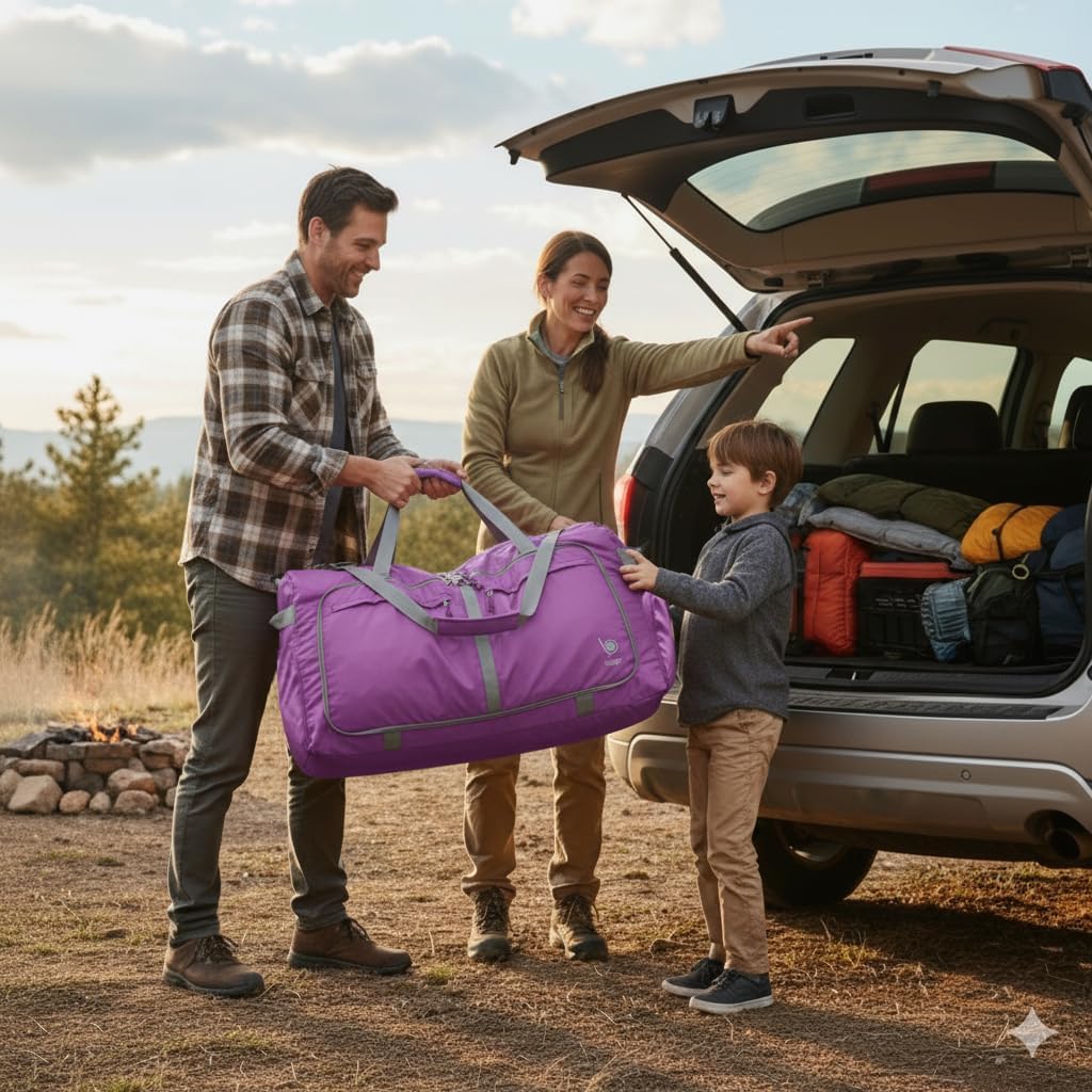 Bago Big XXL Foldable Duffel Bags for Traveling Women & Men - 140L Packable Duffle Bag for Travel with Shoe Compartment - Water Repellant, Heavy Duty, Lightweight Folding & Collapsible (Purple)