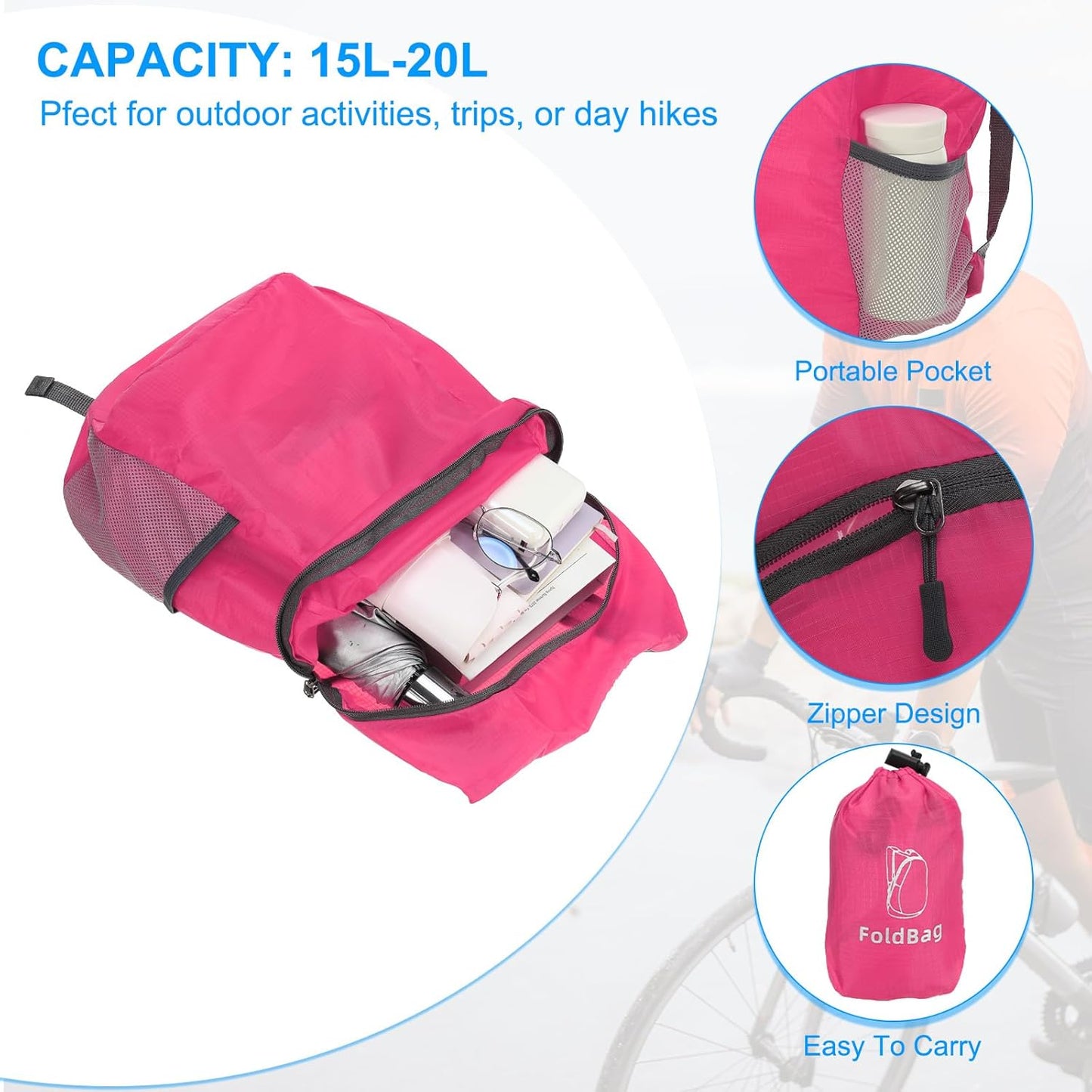 PATIKIL Hiking Backpack, 15L-20L Packable Lightweight Backpack Daypack Small Foldable Outdoor Camping Cycling Backpacking Shoulder Bag, Rose Red