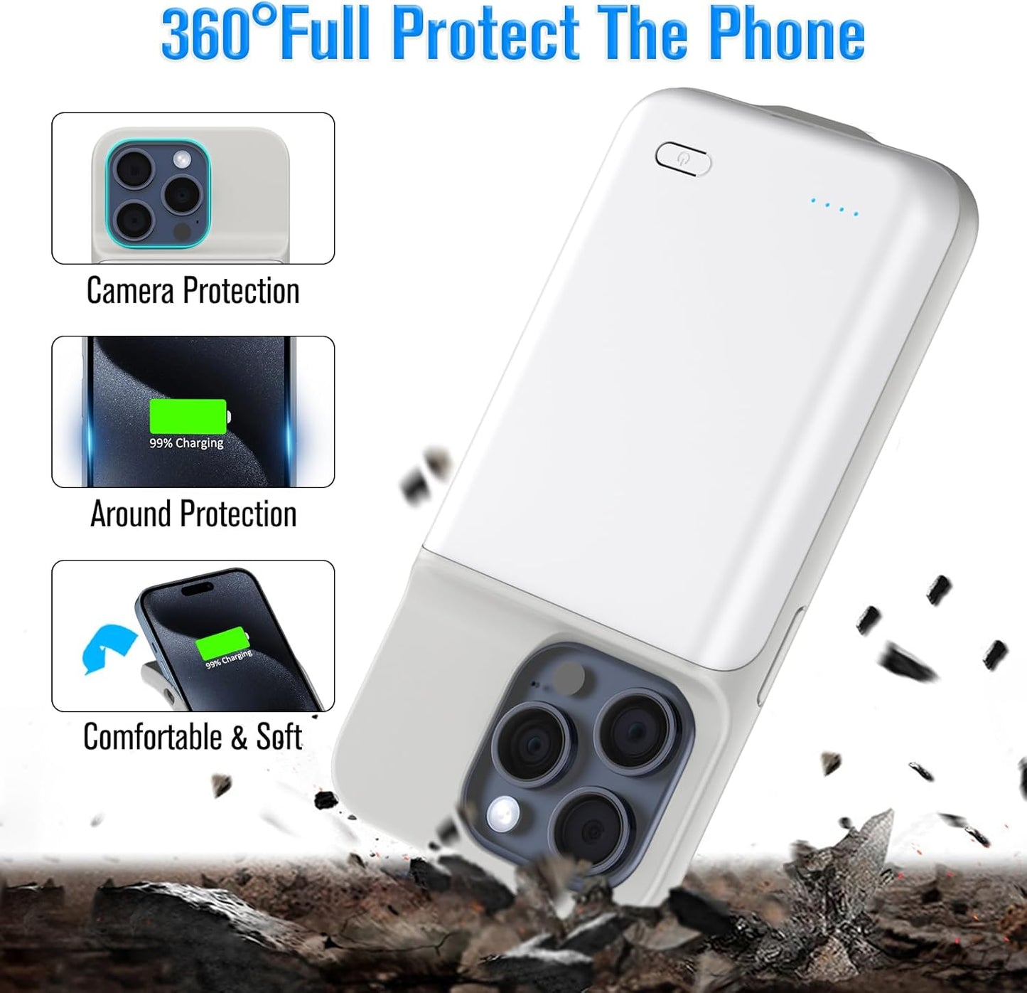 Charging Case for iPhone 15 Pro Max, Ultra Slim 8500mAh Rechargable Battery Case Charger Protective External Lightweight Smart Battery Pack Compatible with 15 Pro Max, 6.7 inch, White